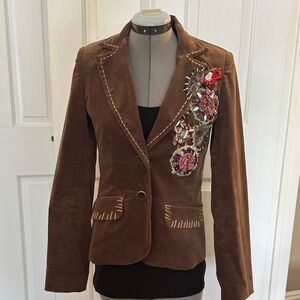 Embroidered Embellished Brown Velvet Blazer Jacket Boho Size S